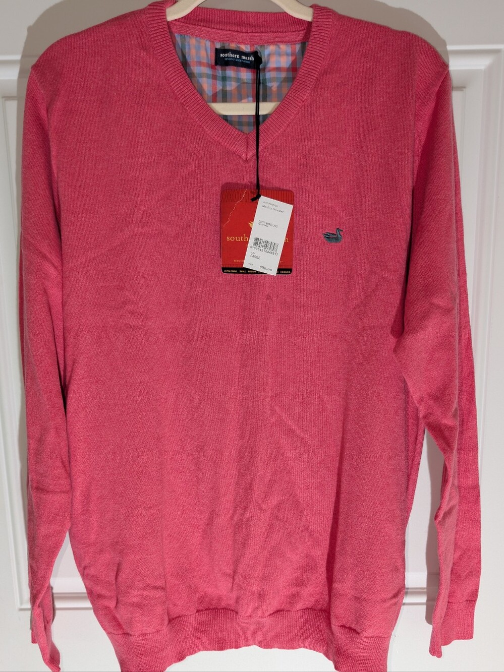 Southern Marsh Sterling Coral Pink V-Neck Logo Embroidered Sweater Large NWT